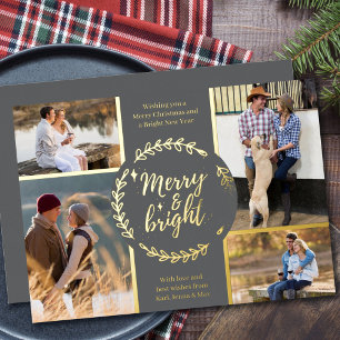 Merry and Bright 4 Foto Collage Grau und Gold Folien Feiertagskarte