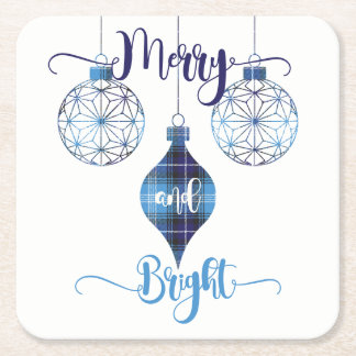 Merry and Bright Blue Plaid Ornament Rechteckiger Pappuntersetzer