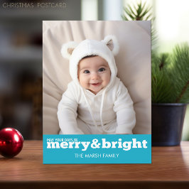 Merry and Bright Bold Modern Foto - Blue White Feiertagspostkarte