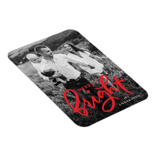 Merry and Bright Bold Red Script Holiday Foto Magnet (Rechte Seite)