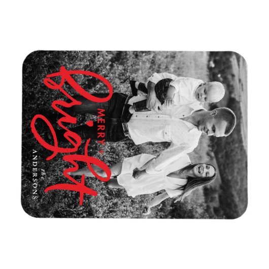 Merry and Bright Bold Red Script Holiday Foto Magnet (Horizontal)