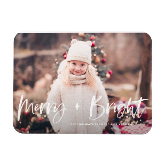 Merry and Bright Brush Lettering Foto Weihnachten Magnet (Horizontal)