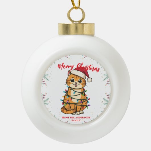 Merry and Bright cat Christmas kitten snow winter Keramik Kugel-Ornament (Vorderseite)