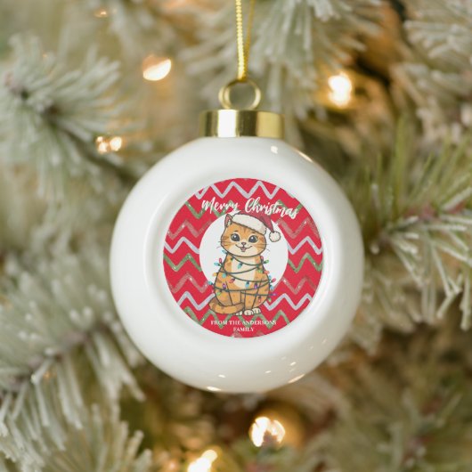 Merry and Bright cat Christmas kitten snow winter Keramik Kugel-Ornament (Baum)