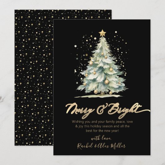 Merry and Bright Chic Gold Script Tree Non Foto Feiertagskarte (Vorne/Hinten)