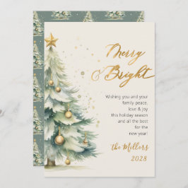 Merry and Bright Chic Gold Script Weihnachtsbaum Feiertagskarte