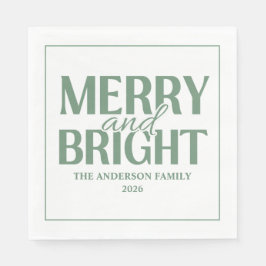Merry And Bright Christmas Holiday Green Serviette