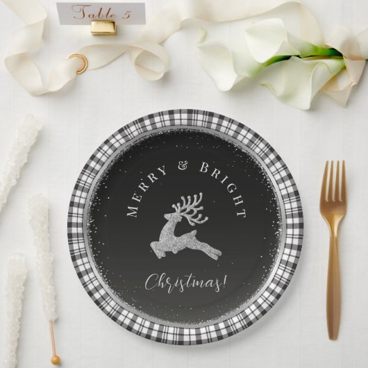 Merry and Bright Christmas Stag Schwarz-weiß Karie Pappteller (Hochzeit)