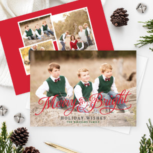 Merry and Bright Elegant Red Script Foto Collage Feiertagskarte