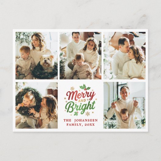Merry and Bright Family Foto Collage Weihnachten Postkarte (Vorderseite)