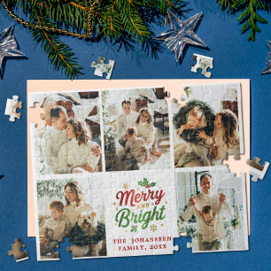 Merry and Bright Family Foto Collage Weihnachten Puzzle