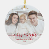 Merry and Bright Family Foto Rotes Skript Keramik Ornament (Vorne)