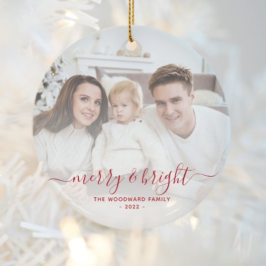 Merry and Bright Family Foto Rotes Skript Keramik Ornament