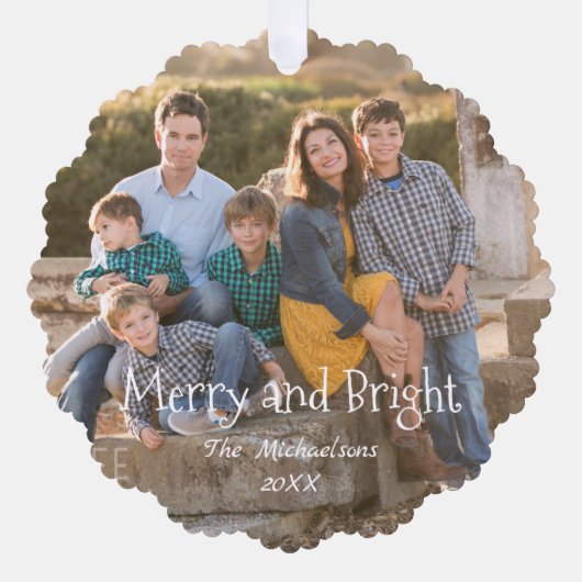 Merry and Bright Family Photo Ornament Karte (Vorderseite)