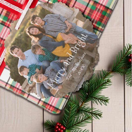 Merry and Bright Family Photo Ornament Karte