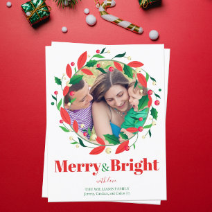 Merry and Bright Foto Holly Wreath Niedliche Weihn Postkarte