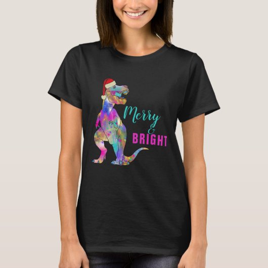 Merry and Bright Funny Santa T-Rex Zitat T-Shirt (Vorderseite)