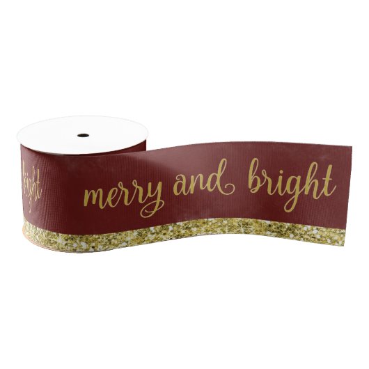 Merry and Bright Gold Burgundy Ribbon Ripsband (Spule)