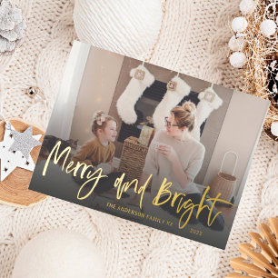 Merry and Bright Gold Foil Script Foto Weihnachten Folien Feiertagspostkarte