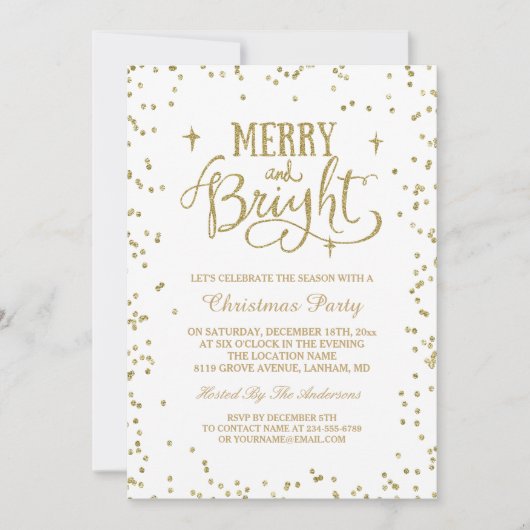 Merry and Bright Gold Glitzer Dots Weihnachts-Part Einladung (Vorderseite)