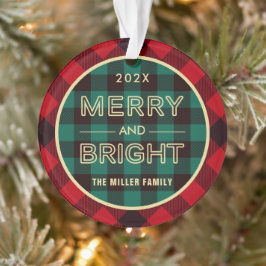 Merry and Bright Gold Green Red Kariert Foto Ornament