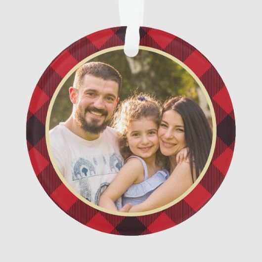 Merry and Bright Gold Green Red Kariert Foto Ornament (Rückseite)