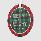 Merry and Bright Gold Green Red Kariert Foto Ornament (Vorderseite)