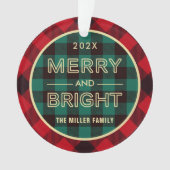 Merry and Bright Gold Green Red Kariert Foto Ornament (Vorderseite)