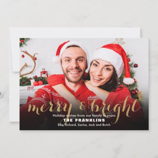 Merry and Bright Gold Script 4 Foto Weihnachten (Vorderseite)