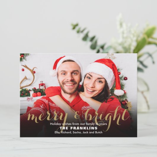 Merry and Bright Gold Script 4 Foto Weihnachten (Stehend Vorderseite)