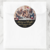 Merry and Bright Gold Script Black Foto Weihnachte Runder Aufkleber (Tasche)