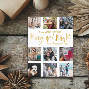 Merry and Bright Gold Script Foto Collage Postkarte