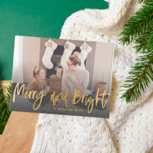 Merry and Bright Gold Script Foto Weihnachten Postkarte