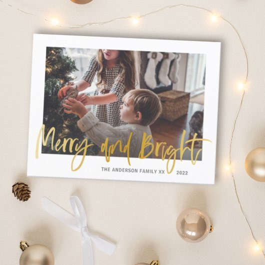 Merry and Bright Gold Script Foto Weihnachten Postkarte