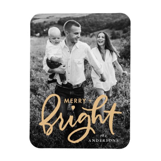 Merry and Bright Gold Script Holiday Foto Magnet (Vertikal)