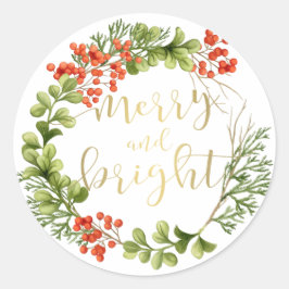 Merry and Bright Greenerity Wreath Holiday Runder Aufkleber