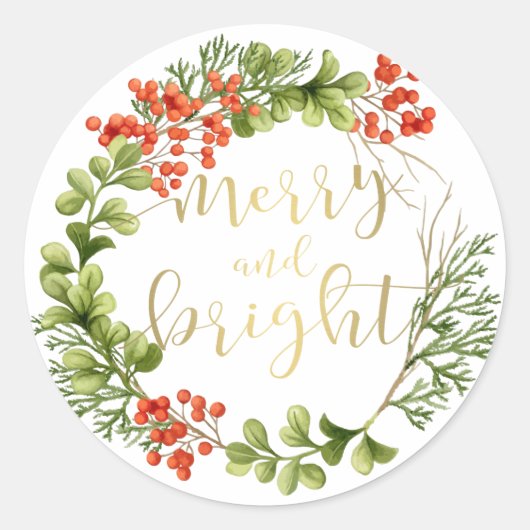 Merry and Bright Greenerity Wreath Holiday Runder Aufkleber (Vorderseite)