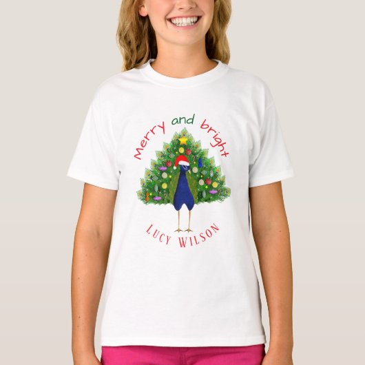 Merry and Bright Holiday Christmas Tree Peacock T-Shirt (Vorderseite)