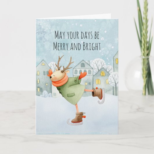 Merry and Bright Holiday Skaten Deer Card Karte (Vorderseite)