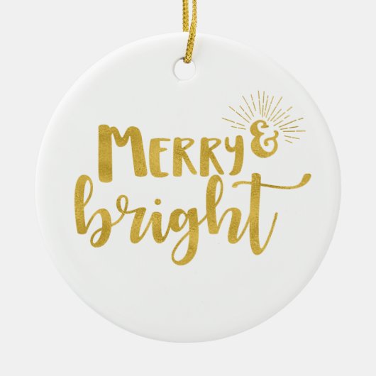 Merry and Bright Imitate Gold Typografy Foto Keramik Ornament (Vorne)