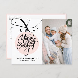 Merry and Bright Lettering Pink Ornament Foto Feiertagspostkarte
