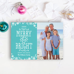 Merry and Bright Modern Aquamarin Blue Foto Feiertagskarte