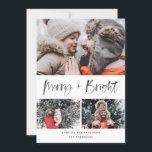 Merry and Bright Modern Brush Script Collage Foto Feiertagskarte<br><div class="desc">Diese elegante und stilvolle Urlaubskarte wird dieses Jahr sicher auch noch Spaß machen! Mit einer fröhlichen Stimmung im Pinselskript mit einer farbigen Textur, die "Merry and Bright" sagt, Personalisieren Sie den Text am unteren Ende und die Fotos mit Ihrem eigenen. Die schwarz-rot-klassisch gestrichenen Muster auf der Rückseite sorgen für etwas...</div>