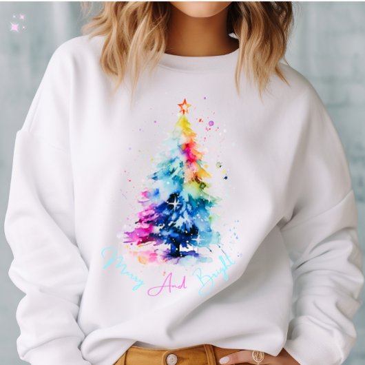 Merry and Bright Neon Watercolor Weihnachtsbaum Sweatshirt