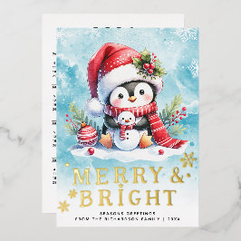 Merry and Bright Penguin Blue Red Gold Weihnachten Folien Feiertagskarte