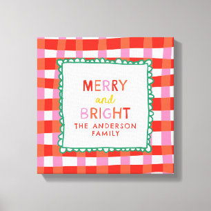 Merry and Bright Personalisiert Gingham Red & Pink Leinwanddruck