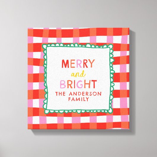 Merry and Bright Personalisiert Gingham Red & Pink Leinwanddruck (Vorderseite)