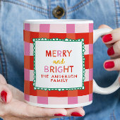 Merry and Bright Personalisiert Gingham Red & Pink Tasse