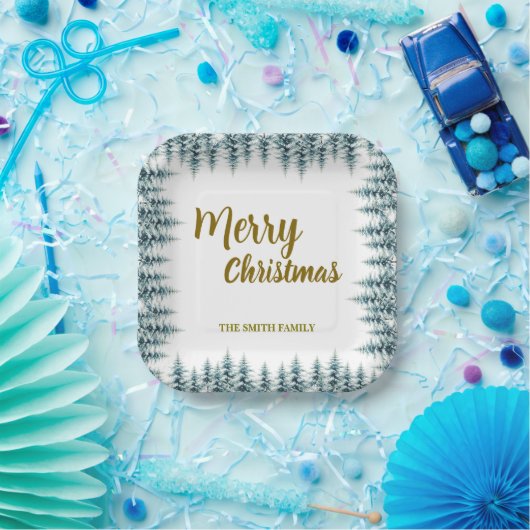 Merry and Bright pine tree forest Christmas Pappteller (Party)