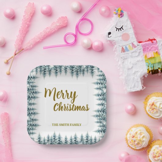 Merry and Bright pine tree forest Christmas Pappteller (Party)